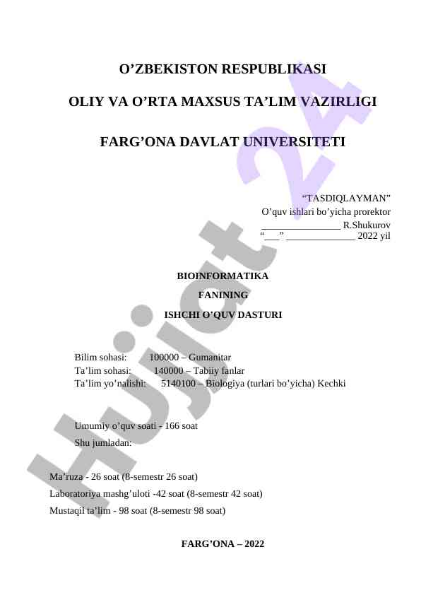 Bioinformatika fanining ishchi o‘quv dasturi