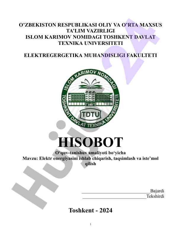 Elektr energiya ishlab chiqarish amaliyoti hisoboti