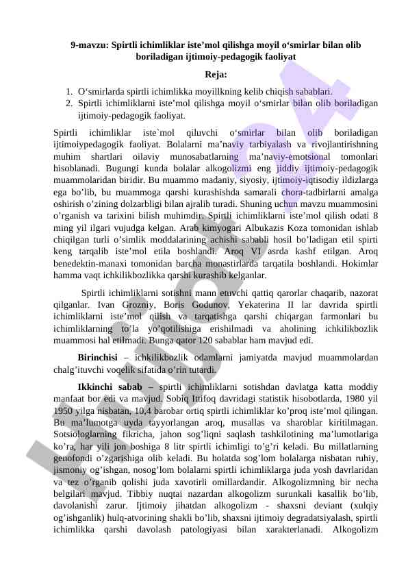Spirtli ichimliklar iste’mol qilishga moyil o‘smirlar