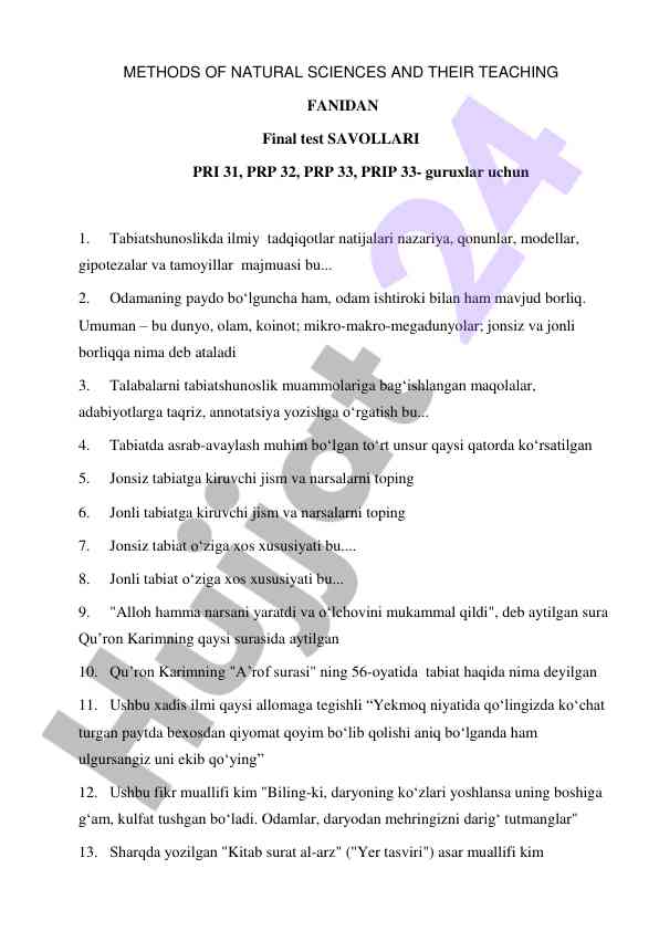 Metodlar tabiatshunoslik fanida o‘qitish