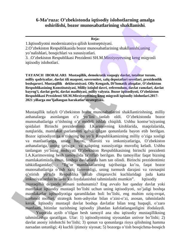 O’zbekistonda iqtisodiy islohotlar va bozor munosabatlari