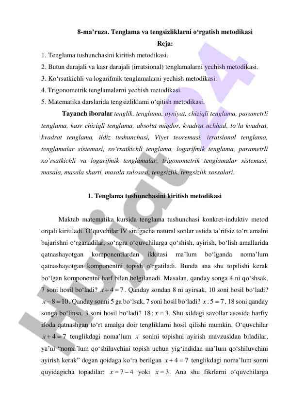 Metodika tenglama va tengsizliklarni o‘rgatish