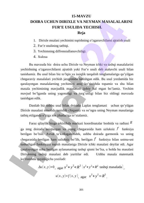 Doira uchun dirixle va neyman masalalarini fur’e usulida yechnish