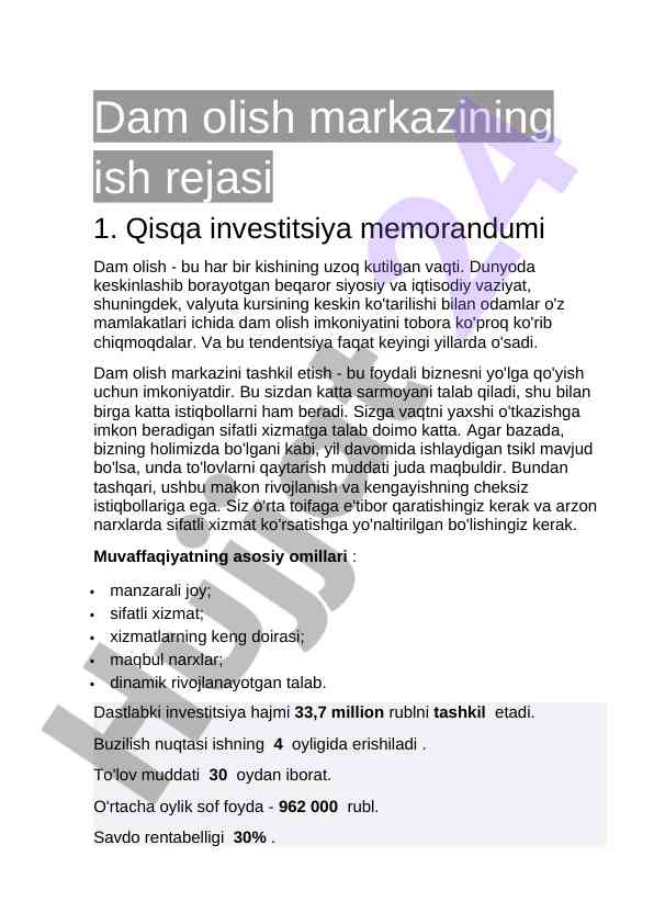 Investitsiya memorandumi uchun ish rejasi
