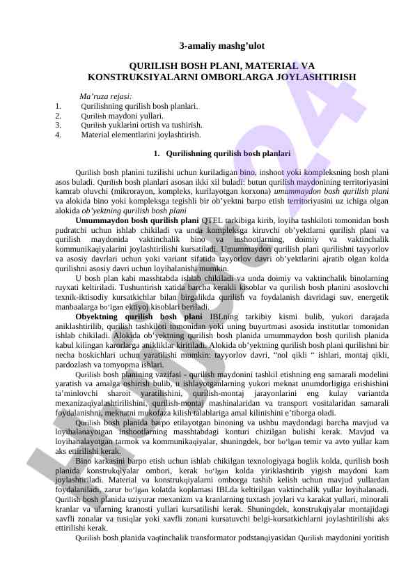 Qurilish bosh plani va materiallarni joylashtirish