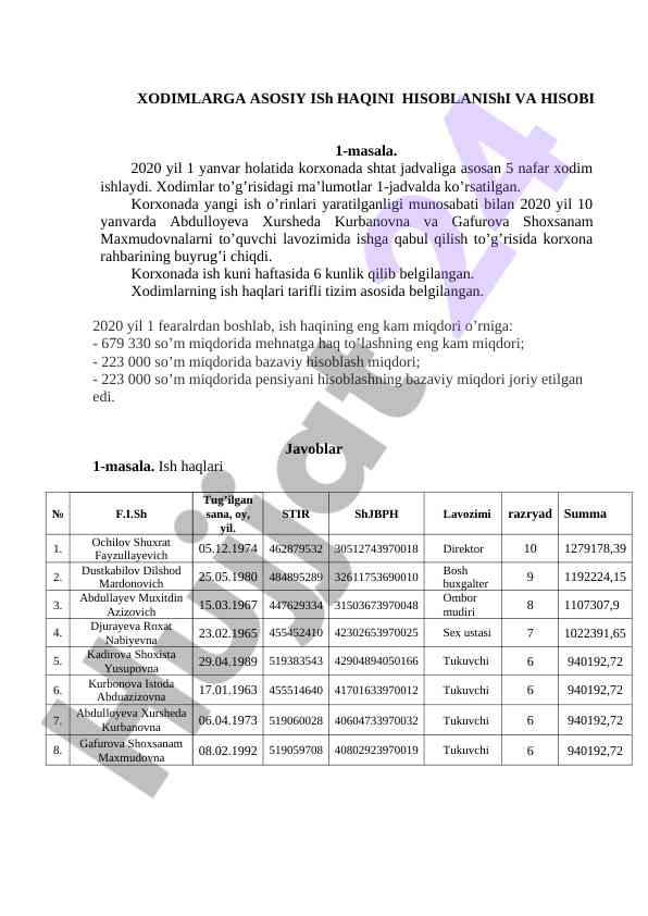 Xodimlarga ish haqini hisoblash usullari
