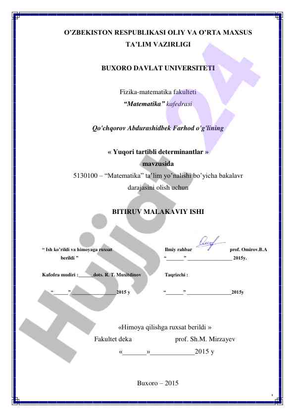Yuqori tartibli determinantlar mavzusida bitiruv ishi