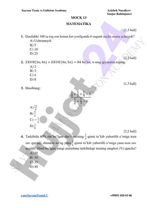 Sayxun team matematik test savollari