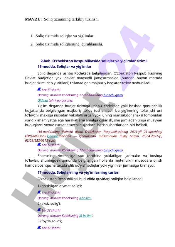 Soliq tizimining tarkibiy tuzilishi va guruhlanishi