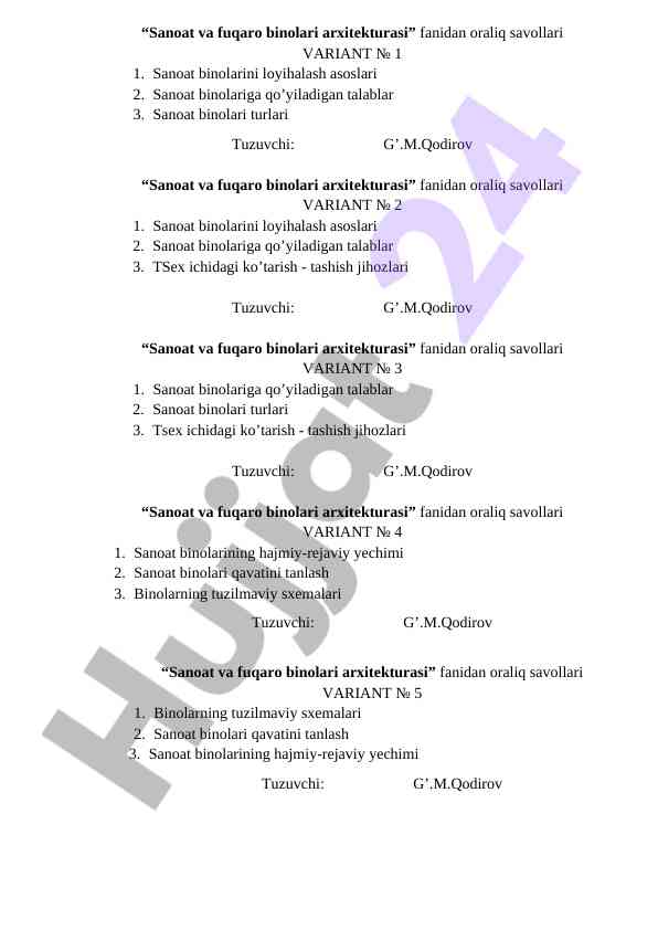 Sanoat va fuqaro binalari arxitekturasi savollari