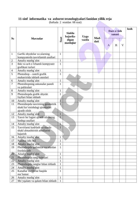 Informatika yillik reja 11-sinf uchun