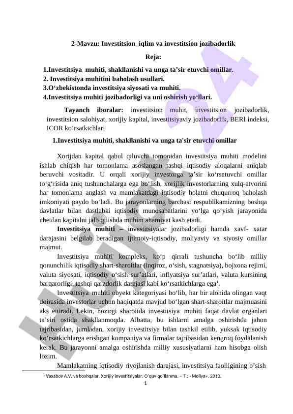 Investitsion iqlim va jozibadorlik tahlili