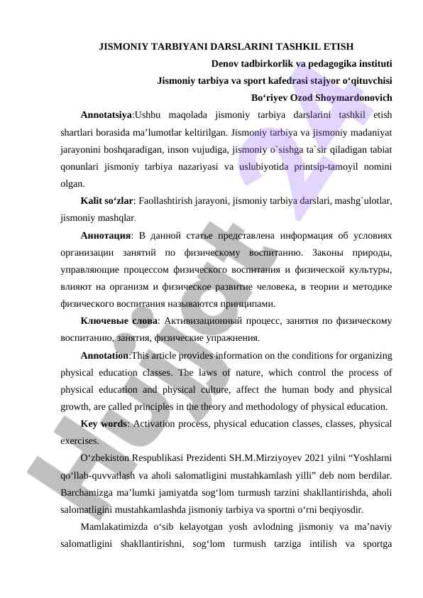 Jismoniy tarbiyani darslarini tashkil etish