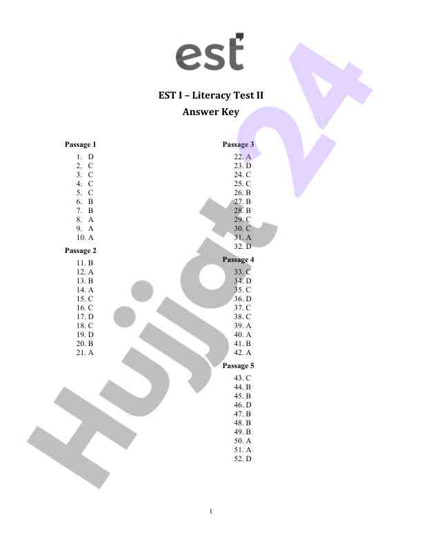 Est i literacy test ii answer key overview
