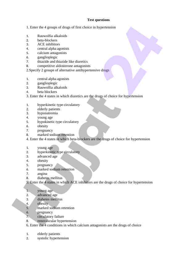 Antihypertensive drug groups and their indications