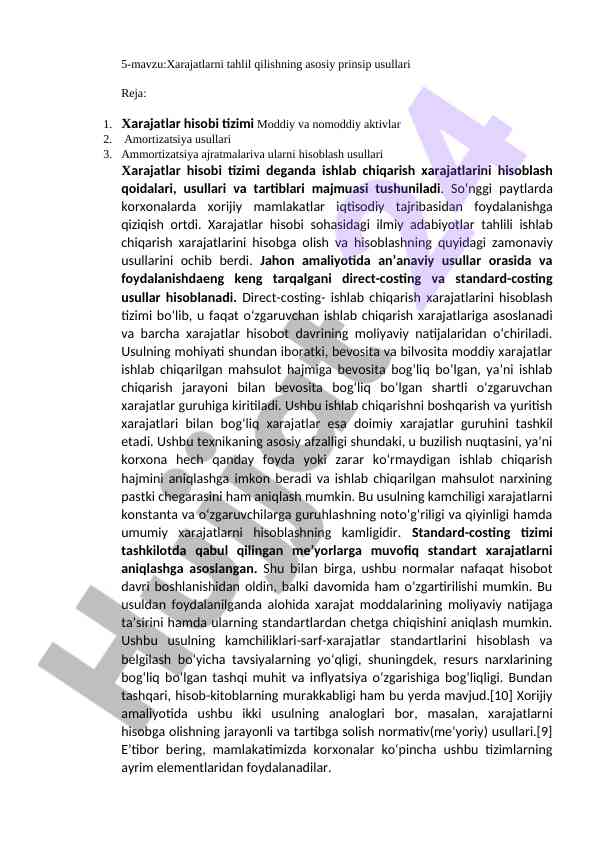 Xarajatlarni tahlil qilish usullari
