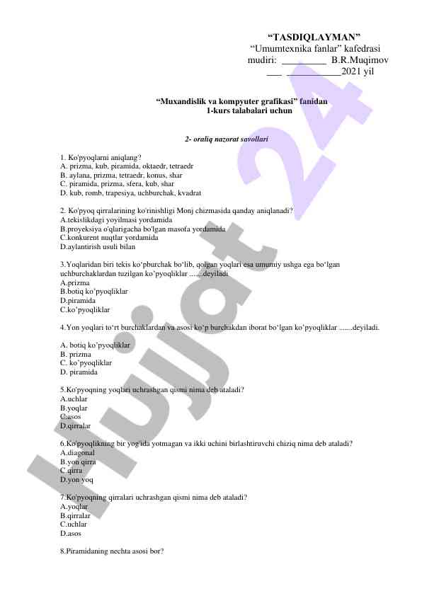 Muxandislik va kompyuter grafikasi 2-oraliq savollari