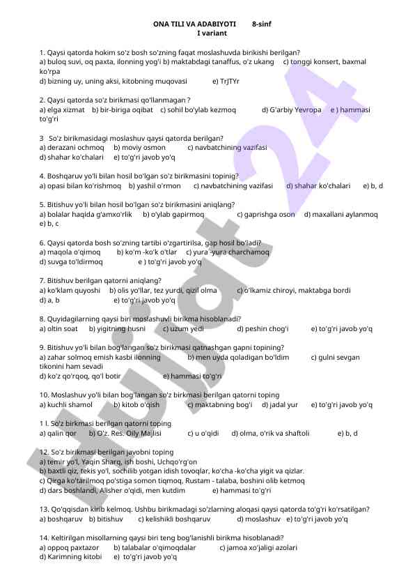 Ona tili va adabiyoti 8-sinf i variant testi