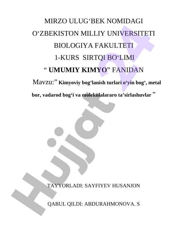 Kimyoviy bogʻlanish turlari va taʼsirlashuvlar