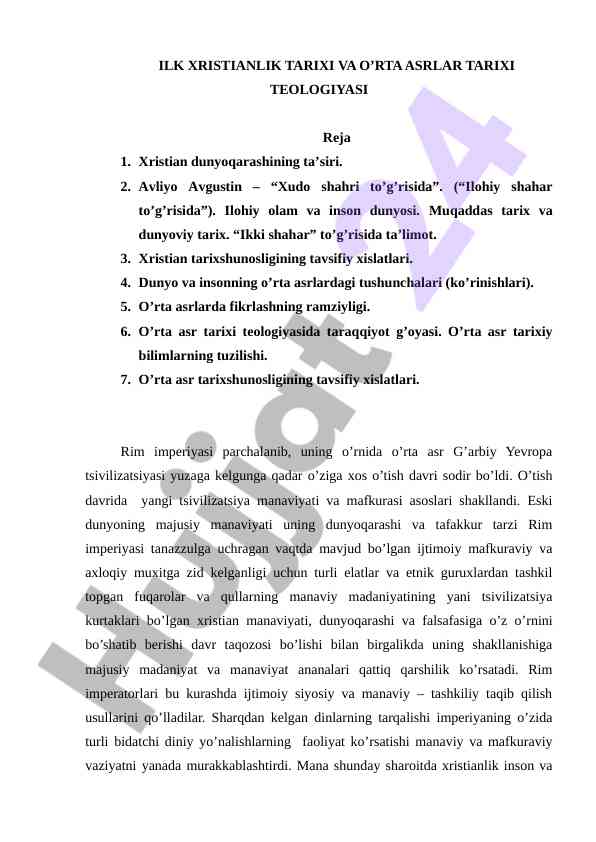 Xristianlik tarixi va o’rta asrlar tarixi teologiyasi