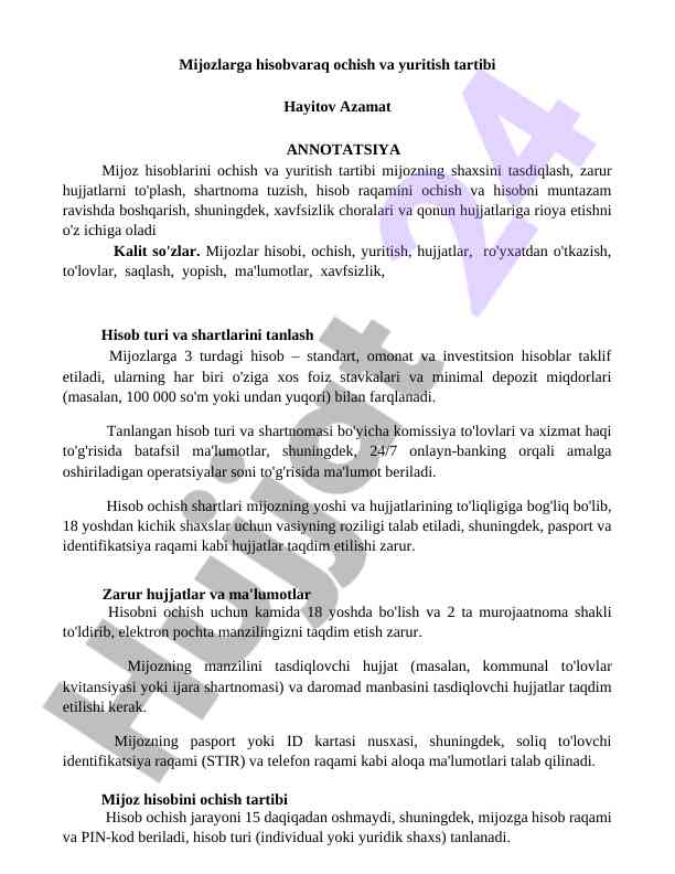 Mijozlarga hisobvaraq ochish va yuritish tartibi