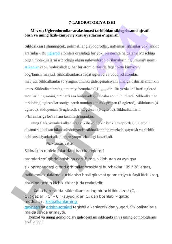 Uglevodorodlar aralashmasidan siklogeksanni ajratish