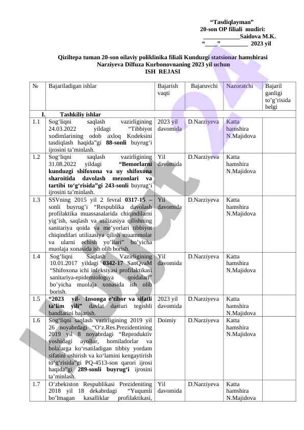 Kunduzgi statsionar hamshirasining ish rejasi