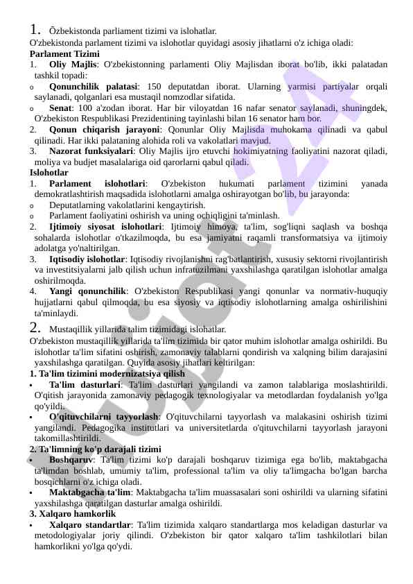 O'zbekistonda parlament tizimi va islohatlar