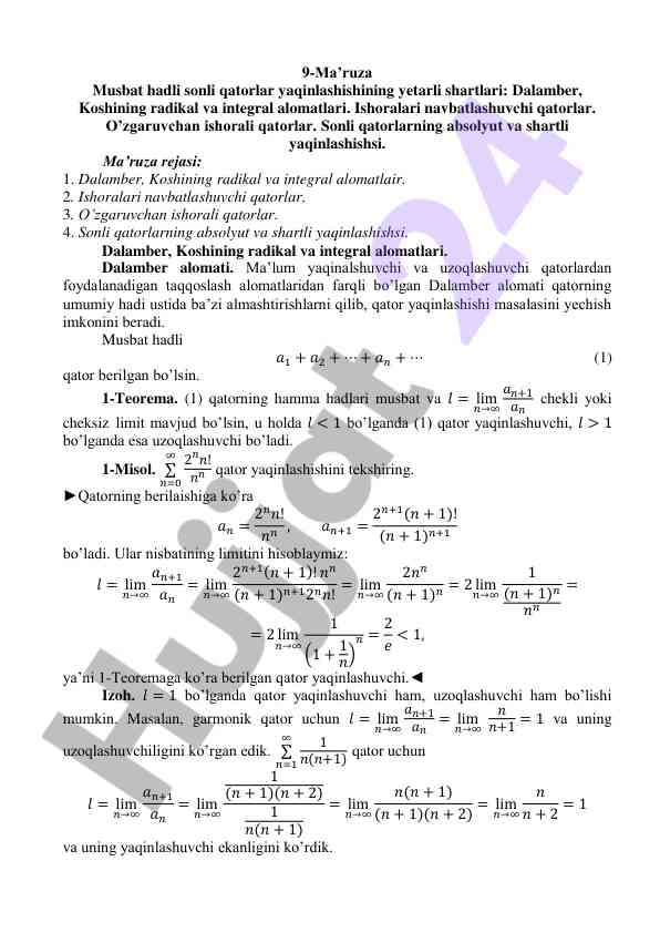 Musbat hadli sonli qatorlar yaqinlashishi konseptsiyasi