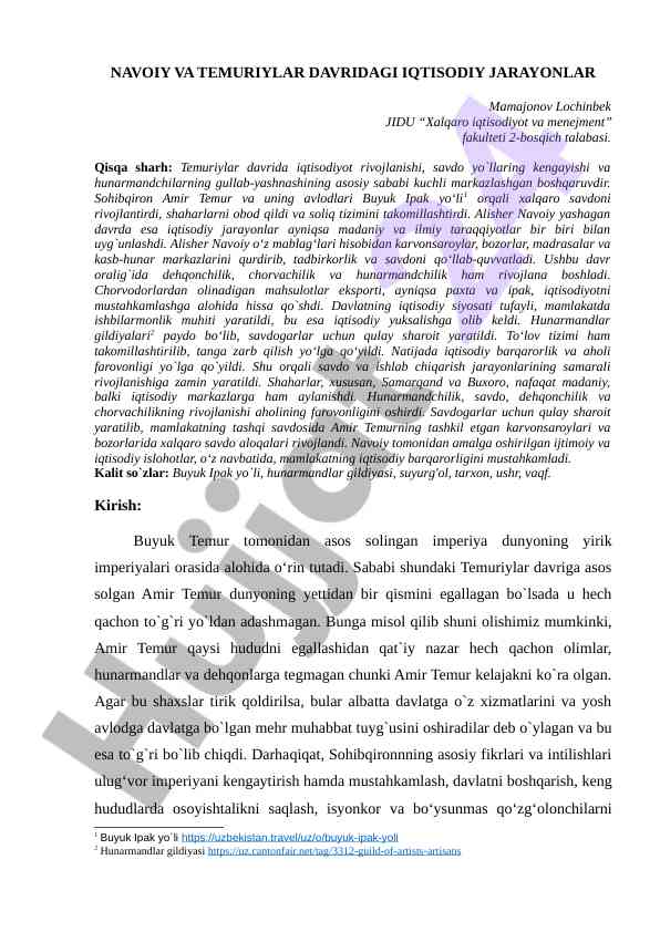 Temuriylar davridagi iqtisodiy jarayonlar tahlili