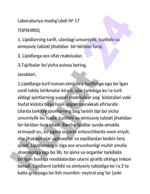 Lipidlarning tarifi va kimyoviy tabiati