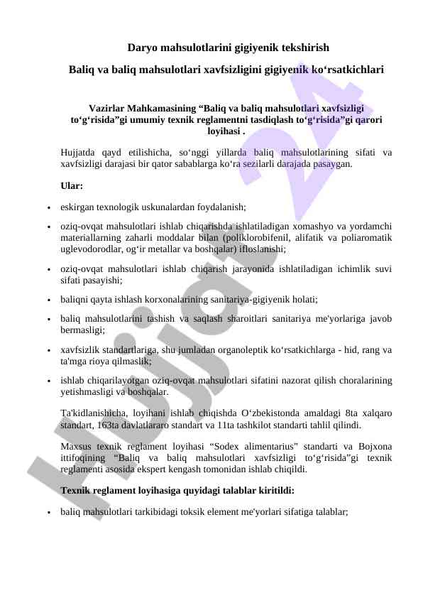 Baliq mahsulotlarining gigiyenik tekshiruvi
