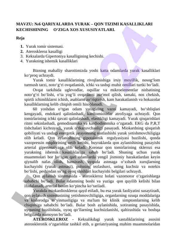 Qariyalarda yurak qon tizimi kasalliklari xususiyatlari