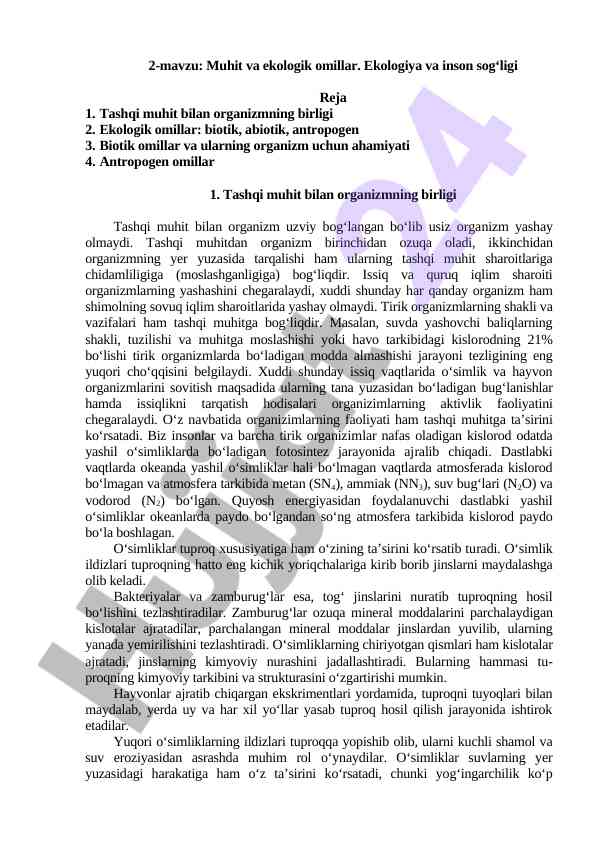 Muhit va ekologik omillar haqida ma'ruzalar