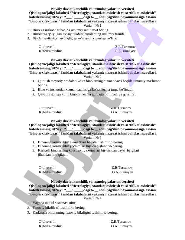 Bino arxitekturasi fanidan yakuniy nazorat savollari