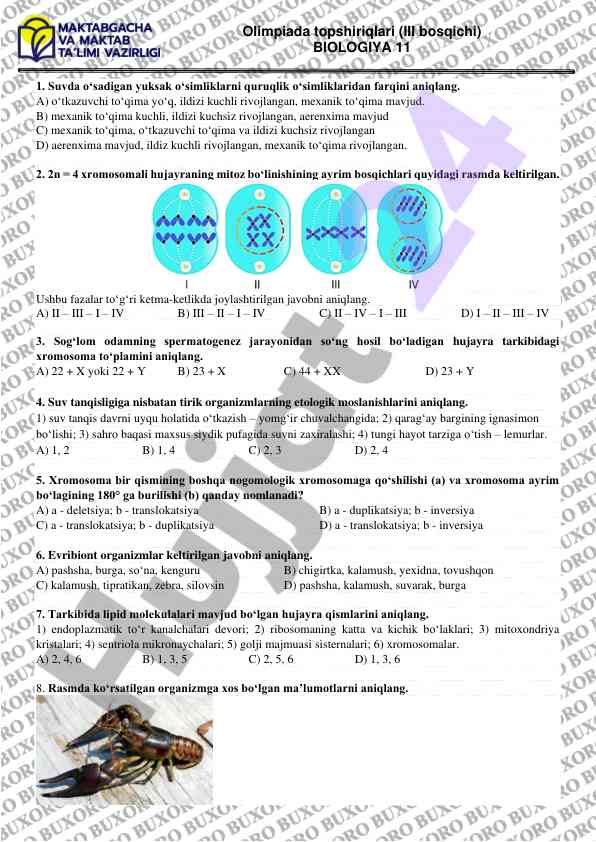 Biologiya olimpiadasi iii bosqichi savollari
