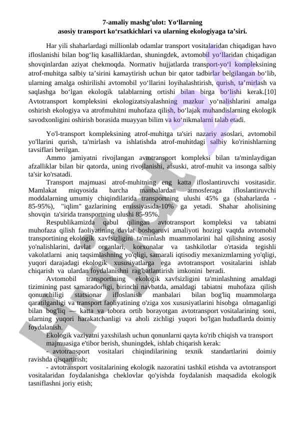 Transport ko‘rsatkichlari va ekologiyaga ta’siri