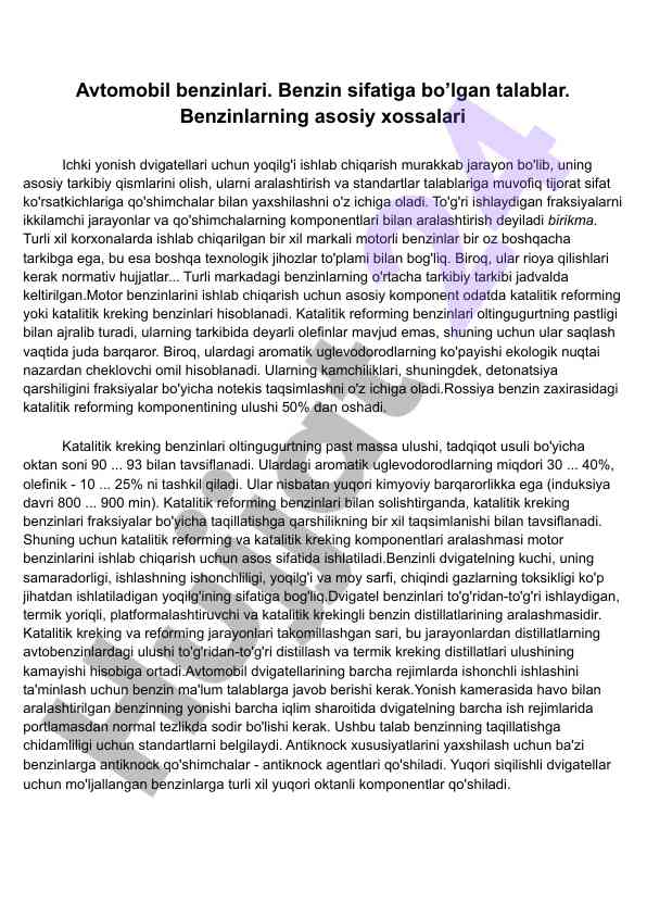 Avtomobil benzinlari va ularning sifat tahlili