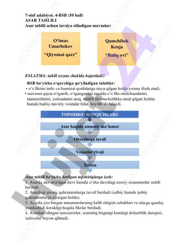 7-sinf adabiyot asar tahlili mavzulari