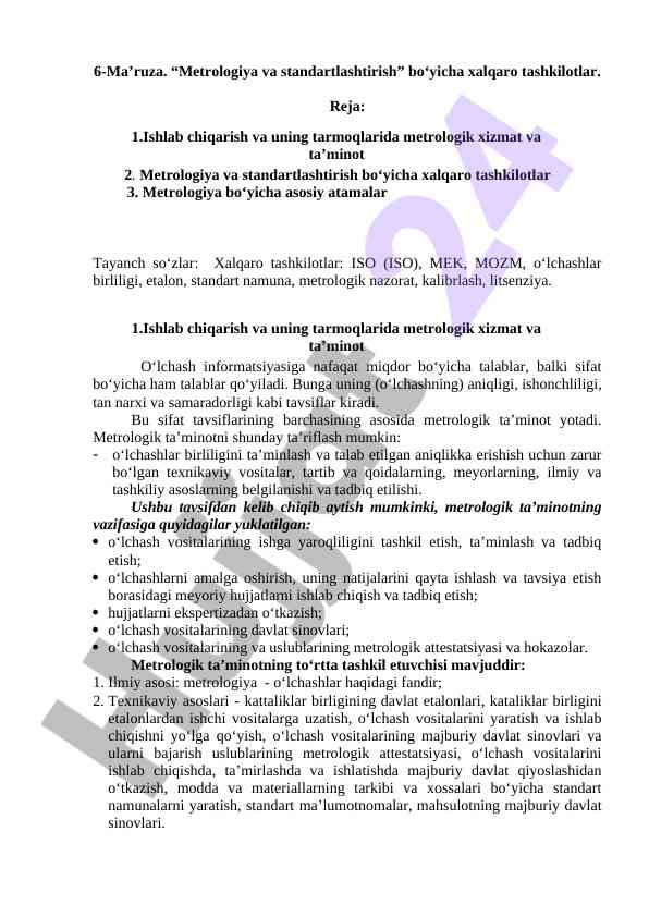 Metrologiya va standartlashtirish mavzusi