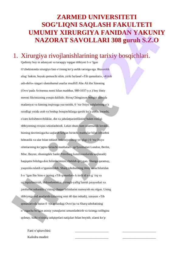 Umumiy xirurgiya fanidan yakuniy nazorat savollari
