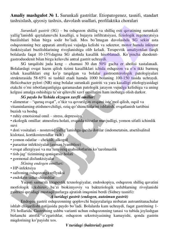Surunkali gastritlar etiopatogenez tashxis davolash