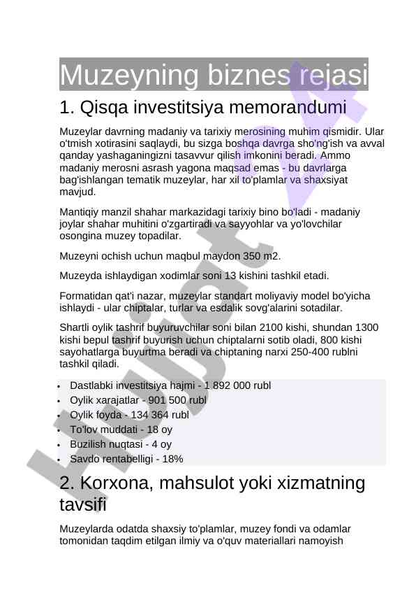 Muzey biznes rejasi qisqa investitsiya memorandumi