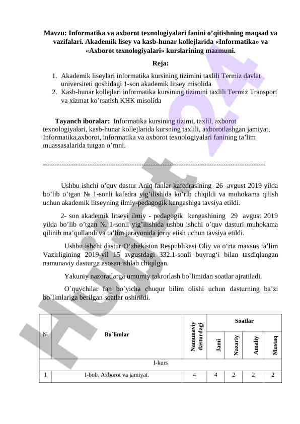 Informatika va axborot texnologiyalari fanini o‘qitish