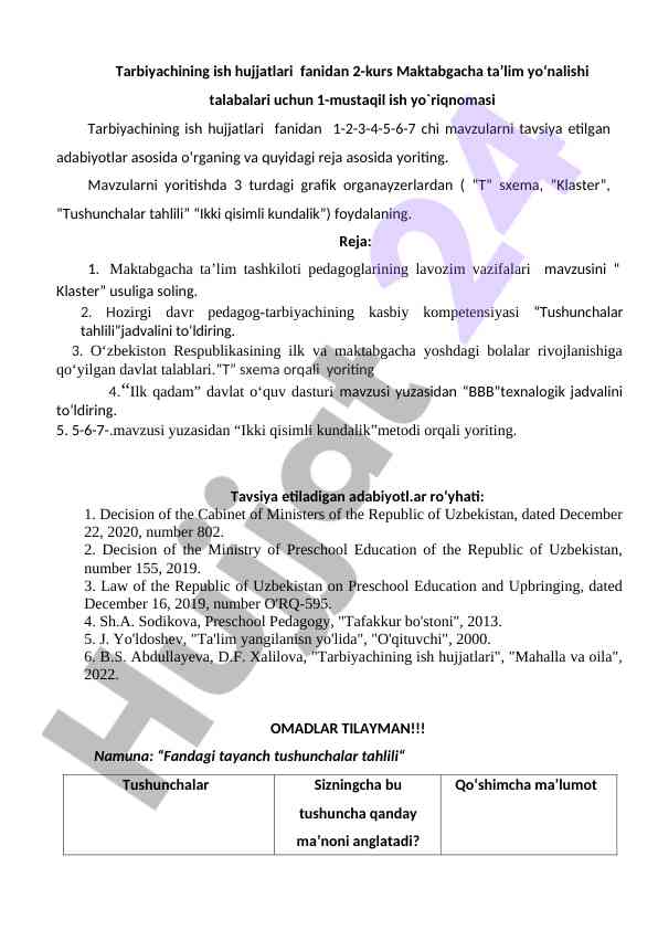 Tarbiyachining ish hujjatlari fanidan mustaqil ish