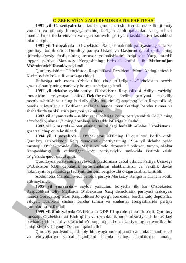 O‘zbekiston xalq demokratik partiyasining tashkil topishi