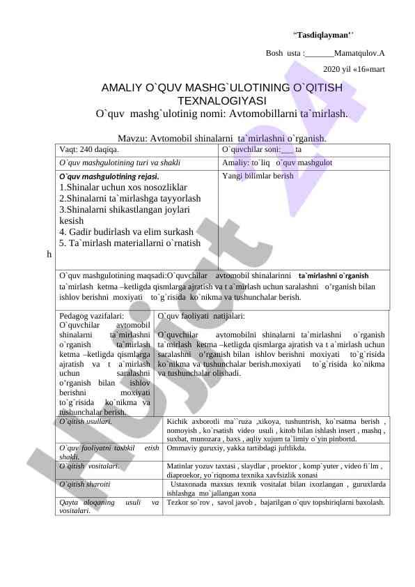 Avtomobillarni ta'mirlash o'quv mashg'uloti rejasi