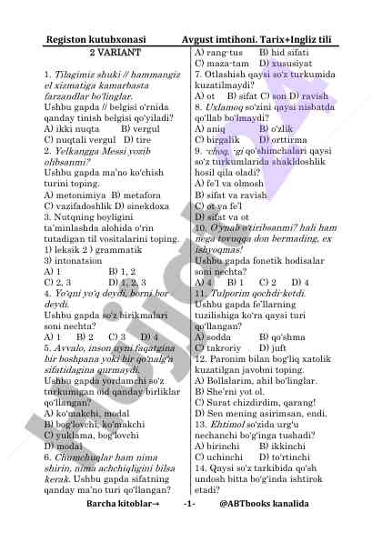 Avgust imtihoni tarix ingliz tili savollari
