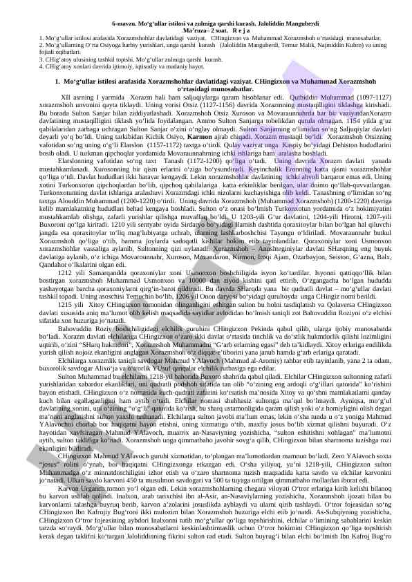 Mo‘g‘ullar istilosi va zulmiga qarshi kurash