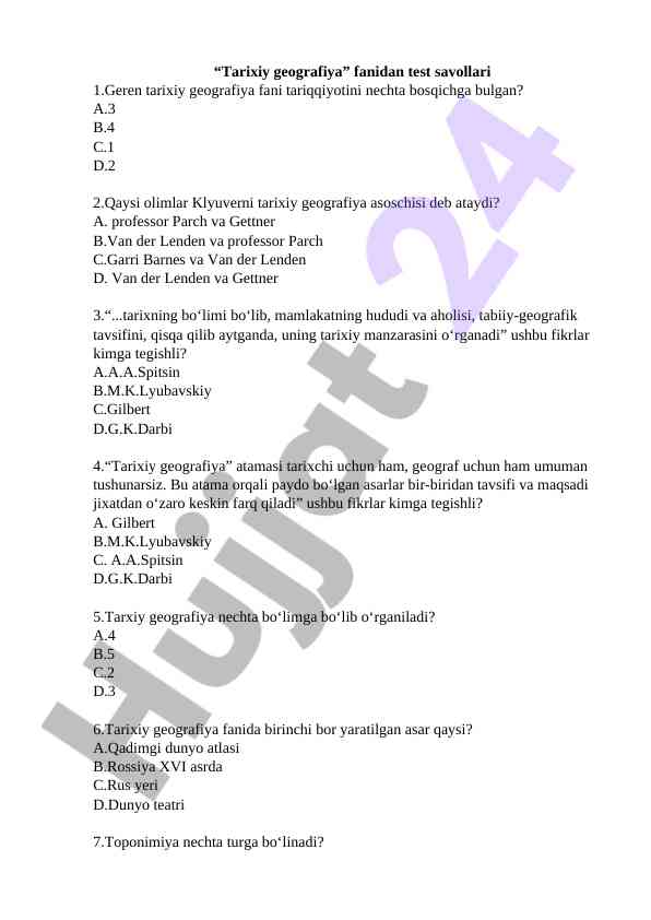 Tarixiy geografiya fanidan test savollari